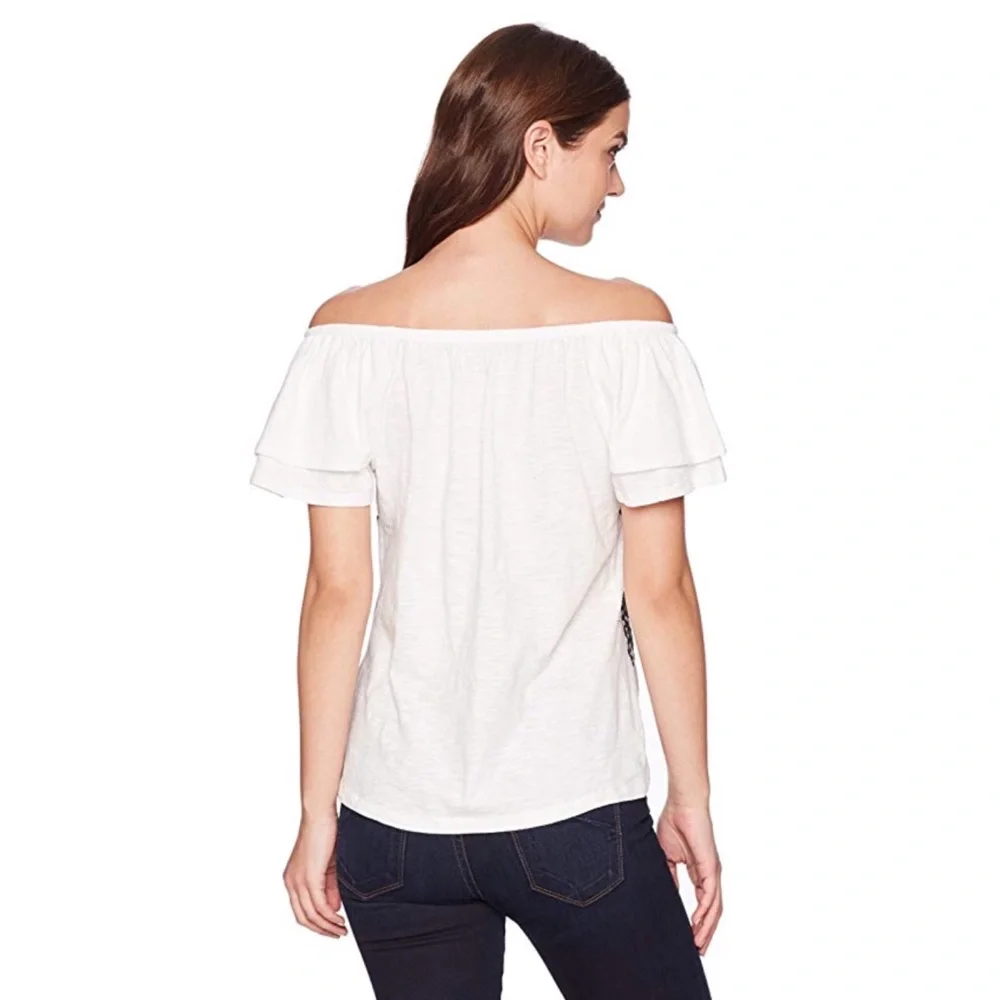 Democracy Women's Short Ruffle Sleeve Top w/ Embroidery